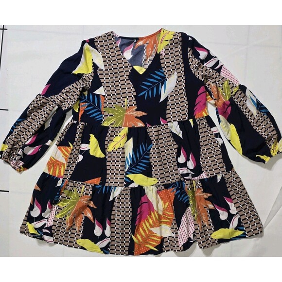 Boho Tropical Floral Geometric Tiered Mini Dress –Long Sleeve Resort Vacation - Picture 3 of 6